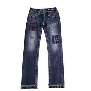 Miss Me ankle skinny jeans Girl's sz 12 Blue patches raw boho hippie Embroidered